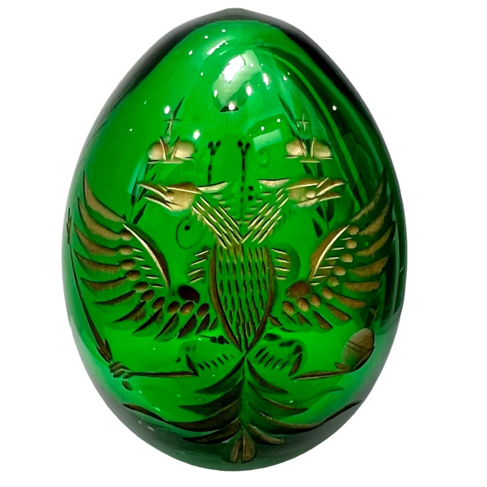 VINTAGE EMERALD GREEN & GOLD CRYSTAL FABEREGE STYLE GLASS EGG FIGURINE